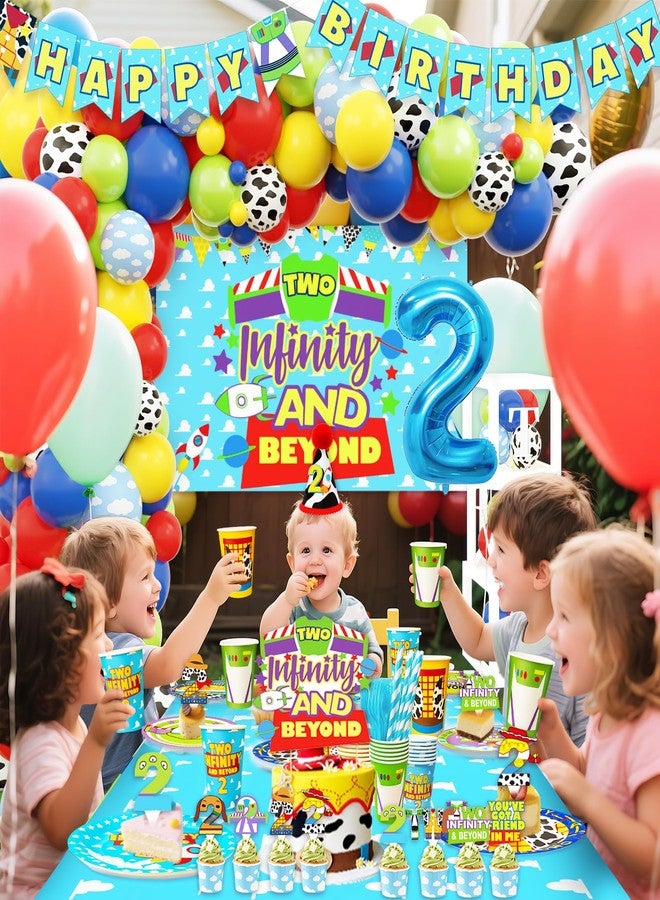 BIGKEOKI Blue Clouds Cartoon Story 2nd Birthday Decor 2 to infinity and Two Beyond Bday Decorations Party Supplies include Tableware Set Balloon Garland Boxes Highchair Banner Crown Backdrop TableCloth Plates - Image 2